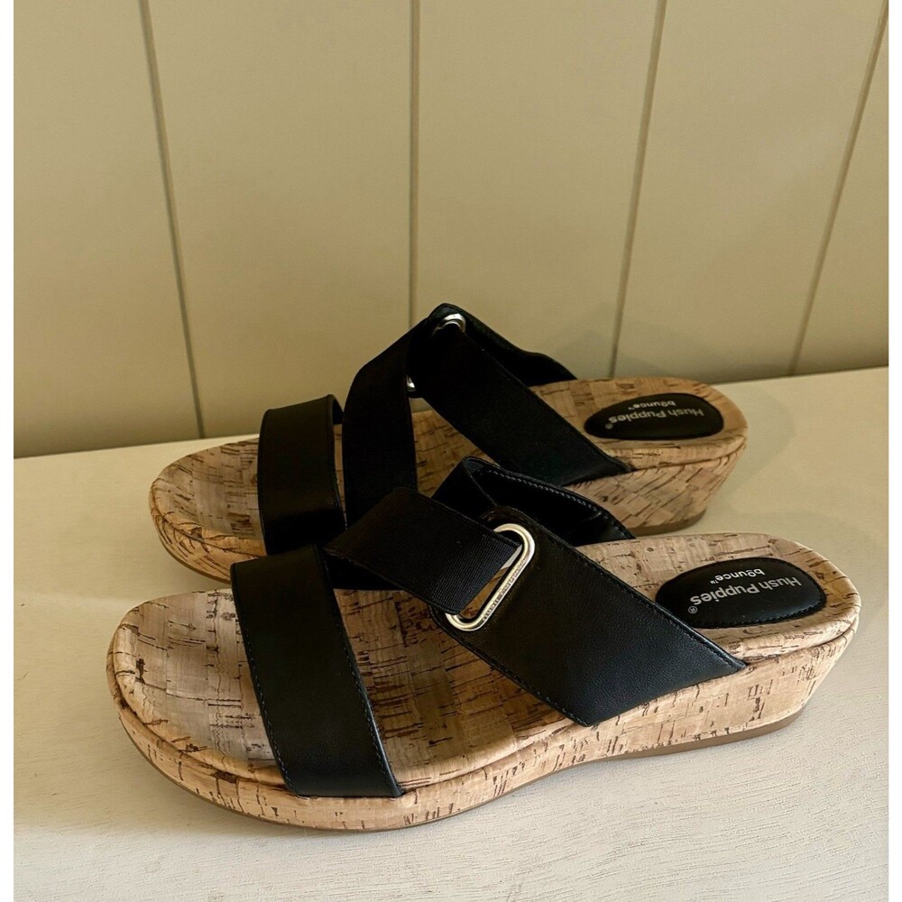 Hush Puppies Comfort Cork Wedge Black Summer Sandals Women’s Size 8 EUC